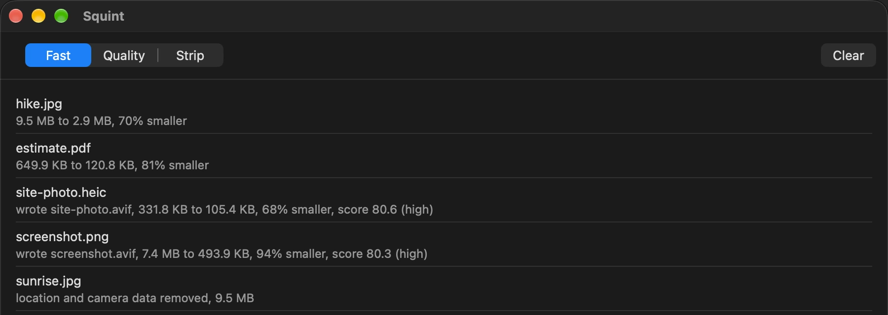 The Squint window after a run: a JPEG shrunk 70% in place, a PDF shrunk 81%, a HEIC and a PNG converted to AVIF with their scores, and a JPEG with its location data removed