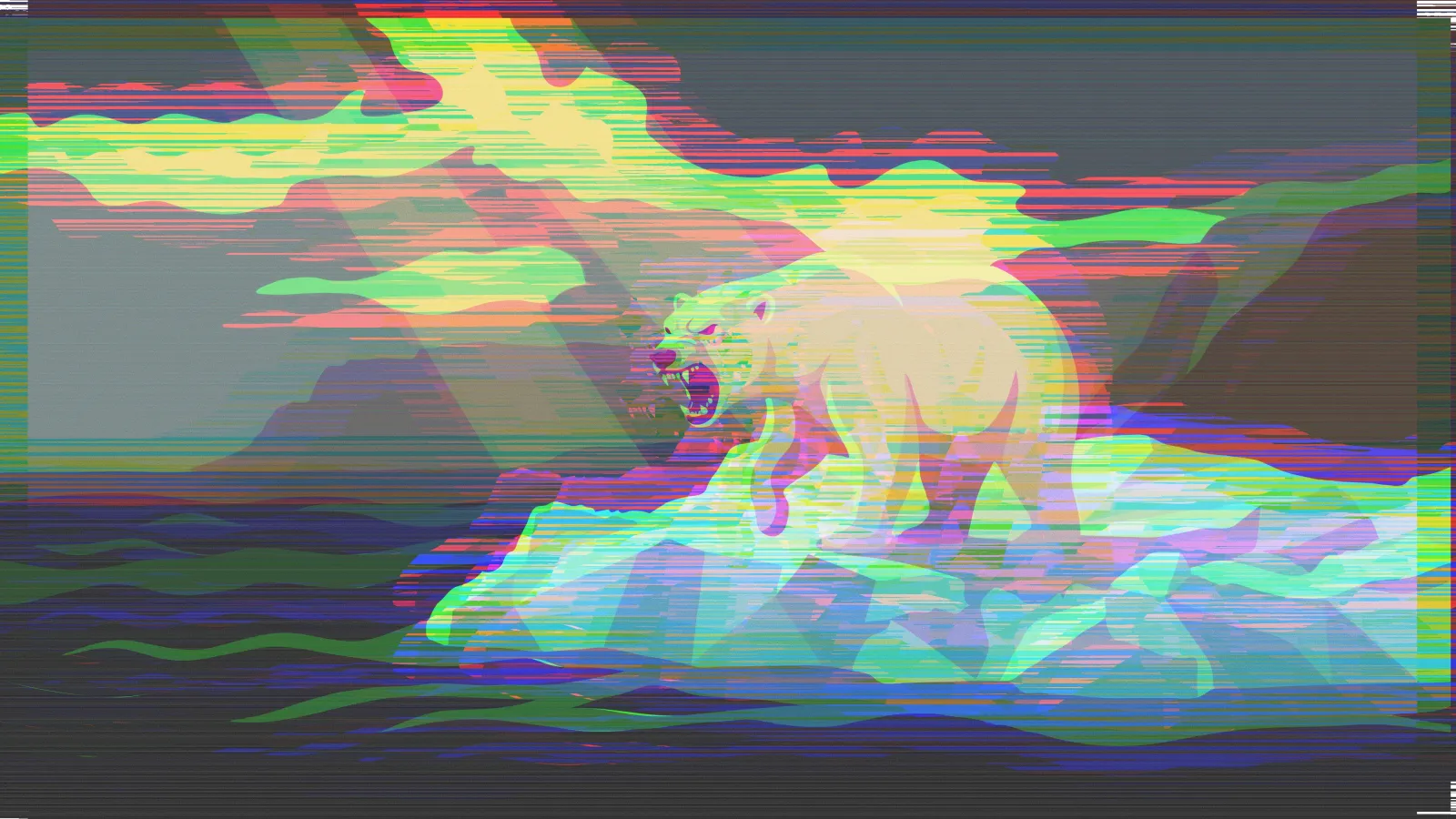 A polar bear on an ice floe under green and yellow clouds, broken into horizontal bands of red, green and blue by the glitch.